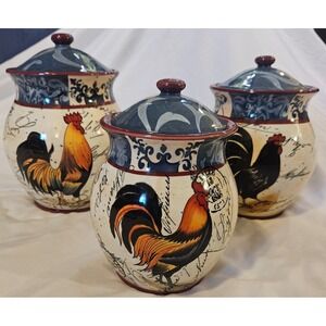 Certified International Rooster Canister Set 3pc Geoffrey Allen French Country